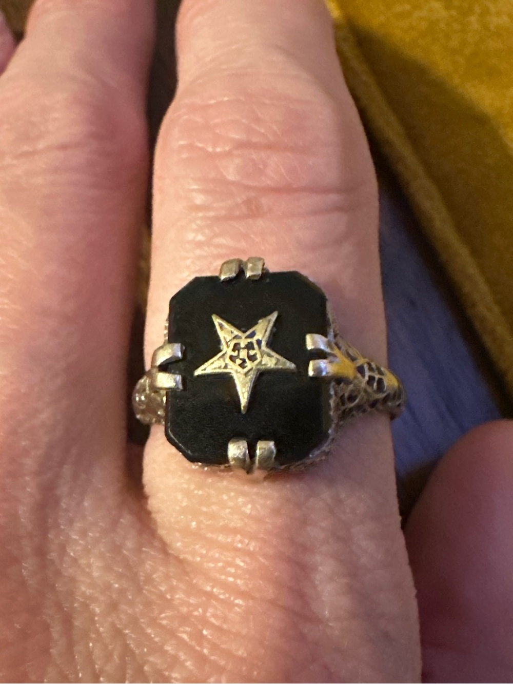 RARE Antique Belais 14k white gold Star/onyx Ring Masonic?